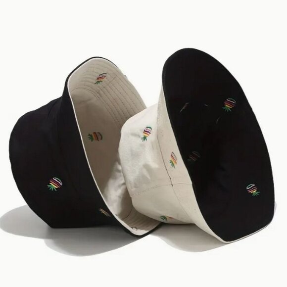 Everlynn Pineapple Embroidered Reversible Bucket Hat Tan Black Gift Packaged - Picture 2 of 9